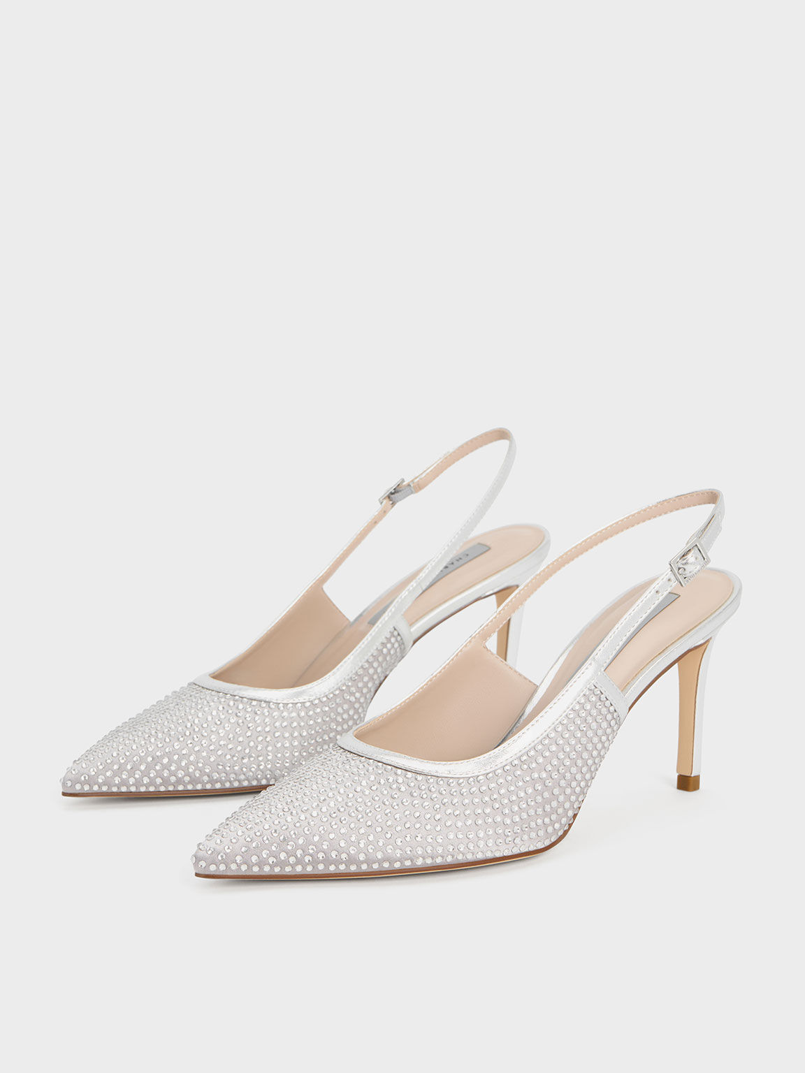 Satin Crystal-Embellished Slingback Pumps, Silver, hi-res