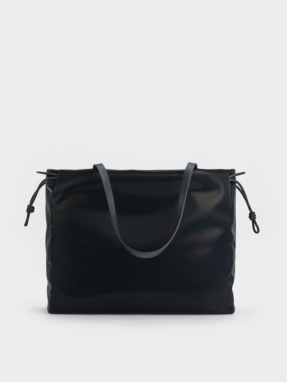 Bethel Shiny Ruched Drawstring Tote Bag, Jet Black, hi-res