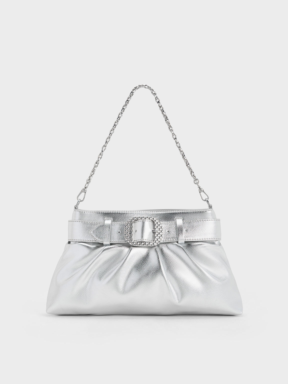 Avis Metallic Belted Ruched Shoulder Bag - Silver