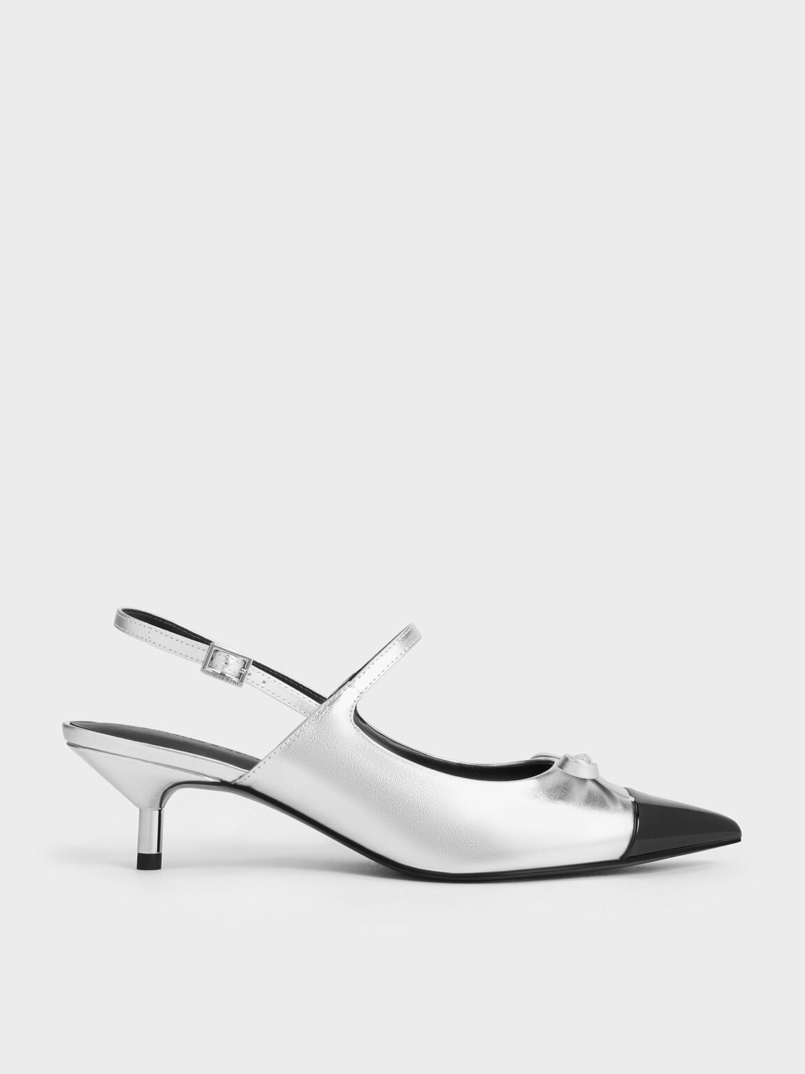 Metallic Bow Cap-Toe Kitten-Heel Slingback Pumps, Silver, hi-res