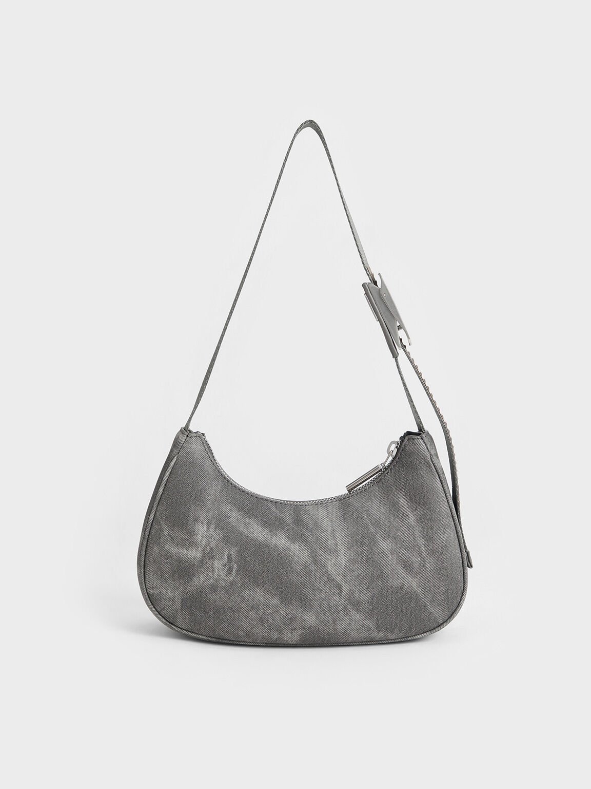 Bolso curvo de denim con acento metálico, Gris oscuro, hi-res