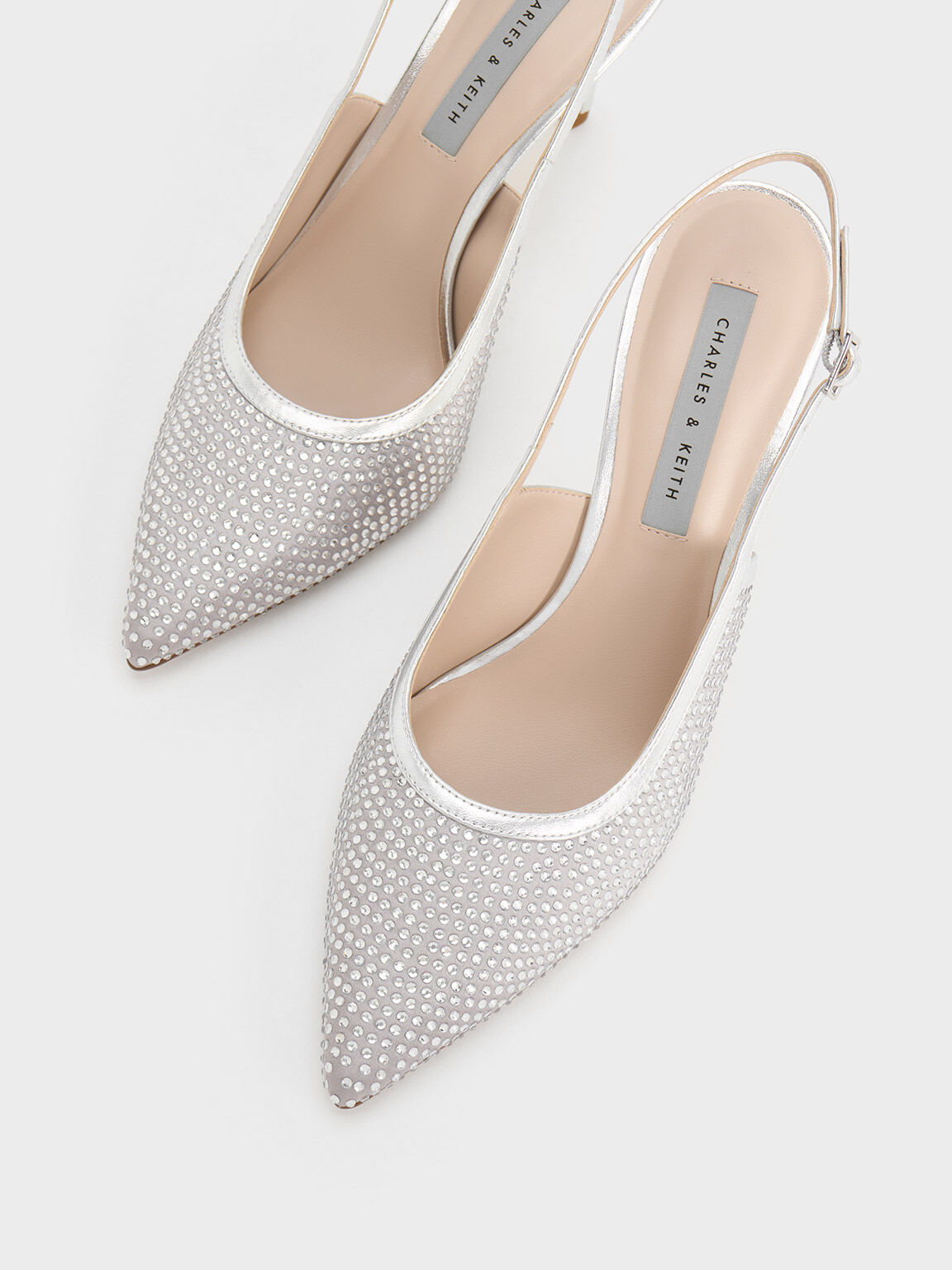 Satin Crystal-Embellished Slingback Pumps, Silver, hi-res