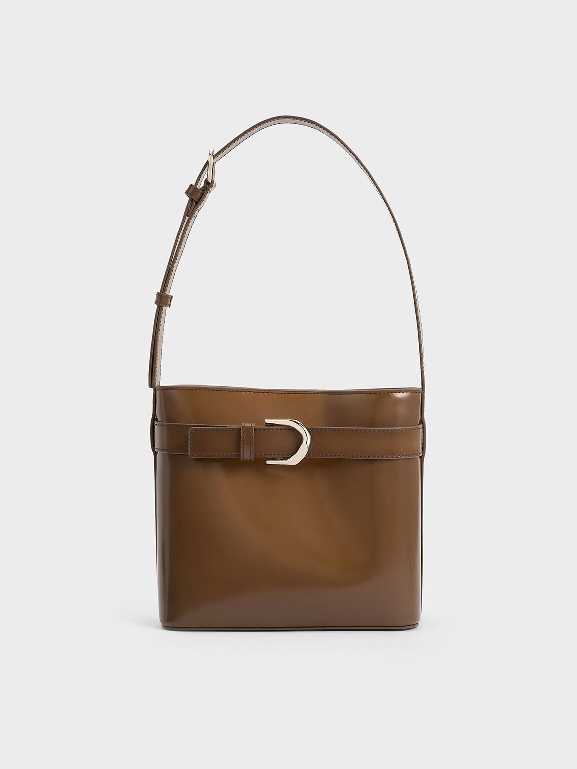 Gabine Leather Belted Bucket Bag, Brown, hi-res