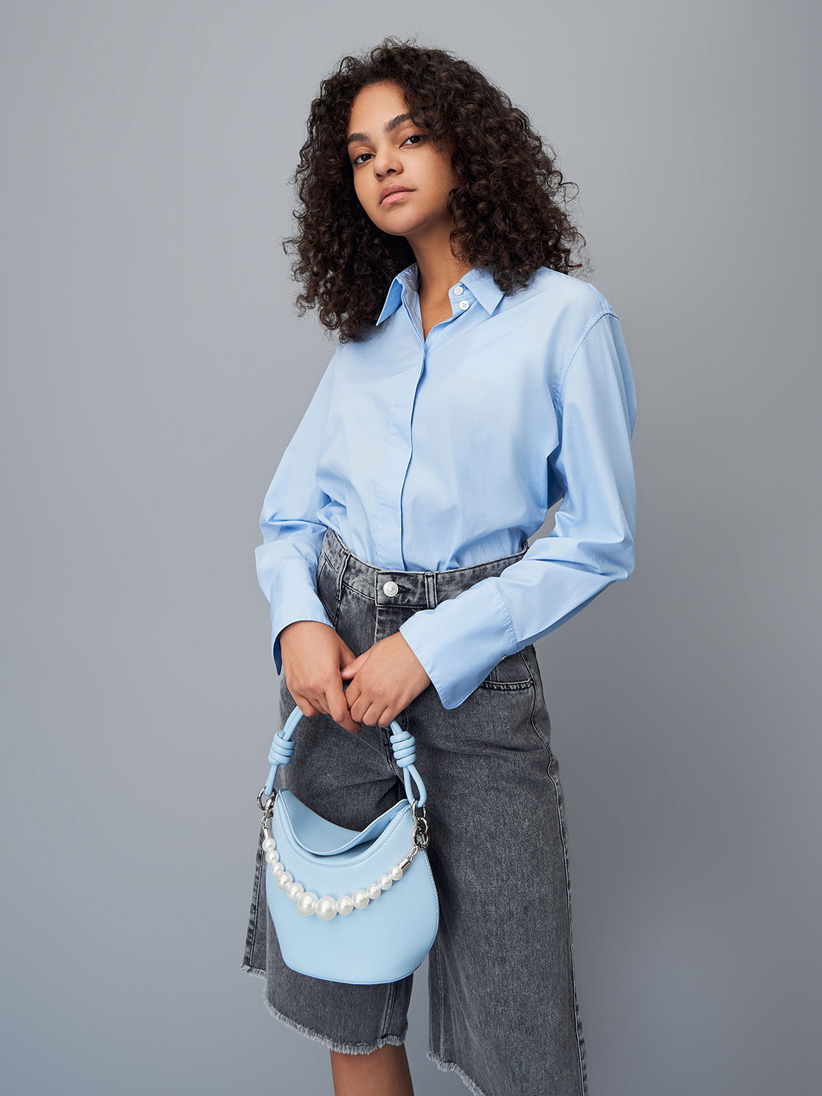 Light Blue Bead-Embellished Knotted Handle Bag - CHARLES & KEITH NL