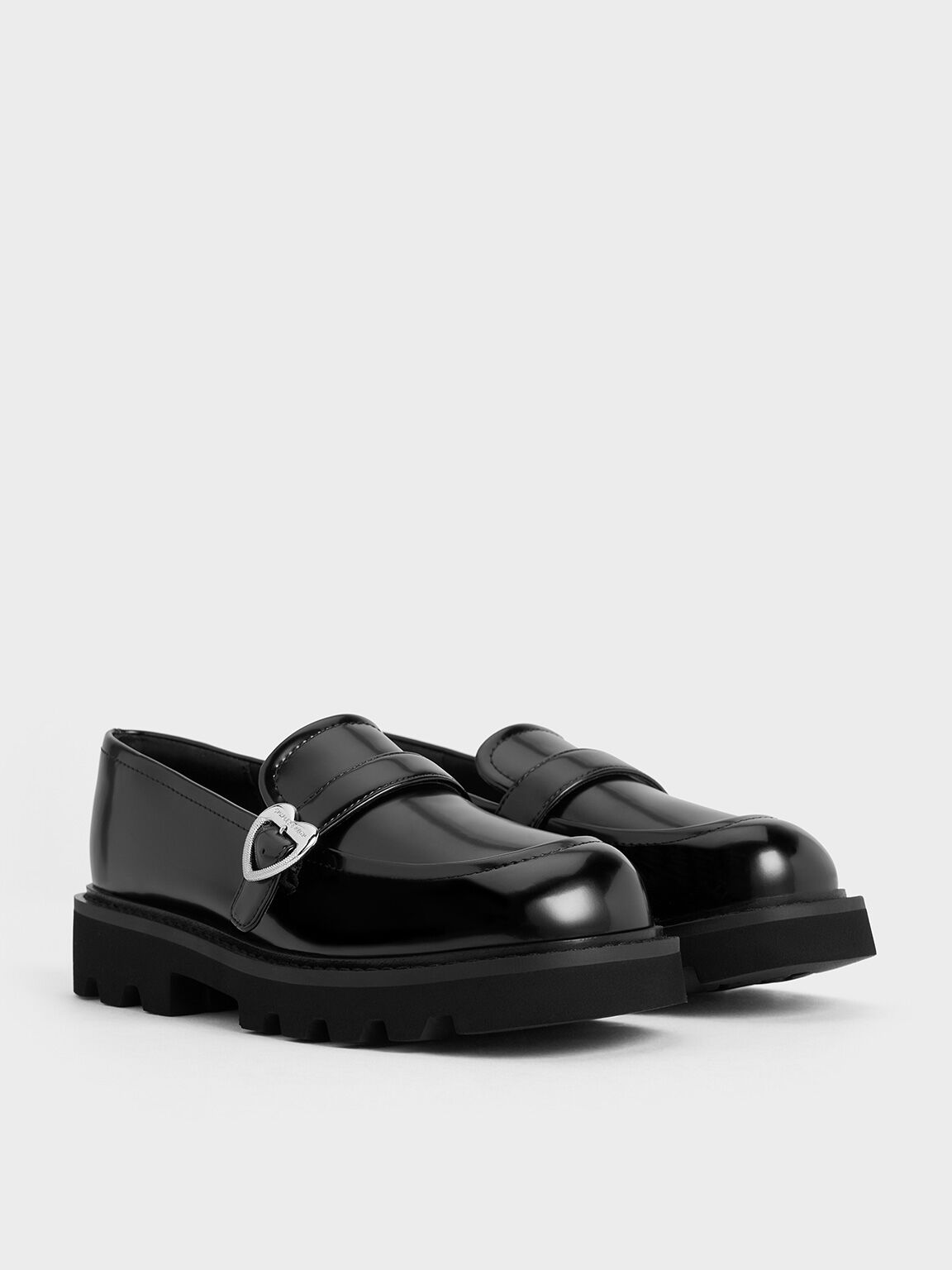 Girls' Heart-Buckle Loafers, Black Box, hi-res