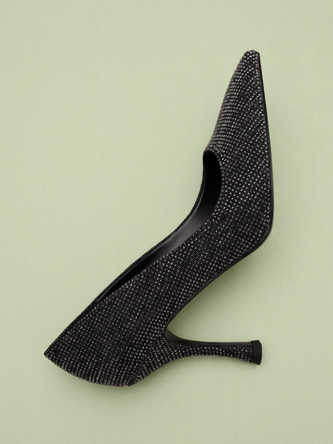 Denim Pointed-Toe Spool-Heel Pumps, Black Textured, hi-res