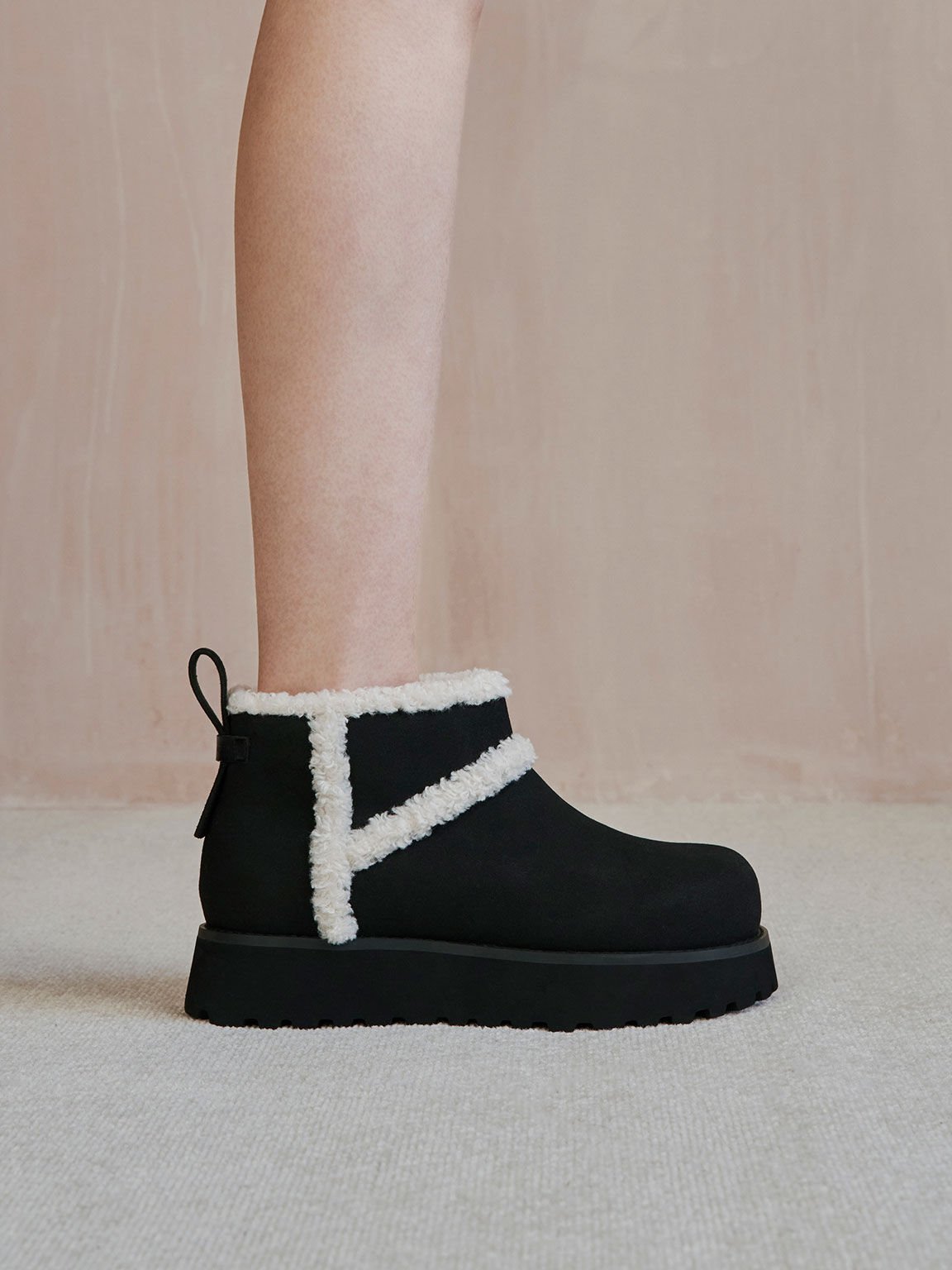 Textured Fur-Trim Flatform Ankle Boots, Black Textured, hi-res