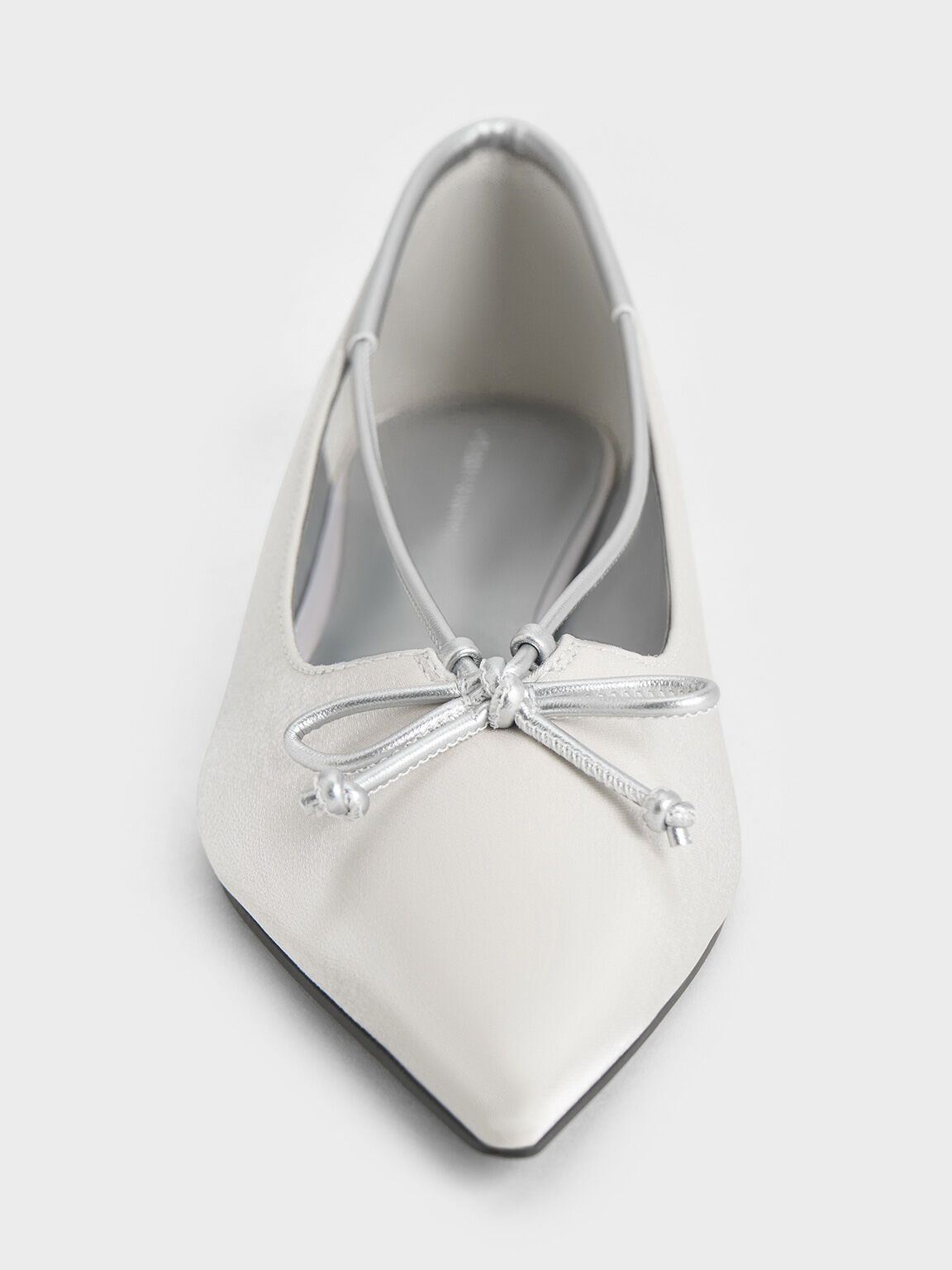 Metallic Bow Pointed-Toe Ballet Flats, Silver, hi-res