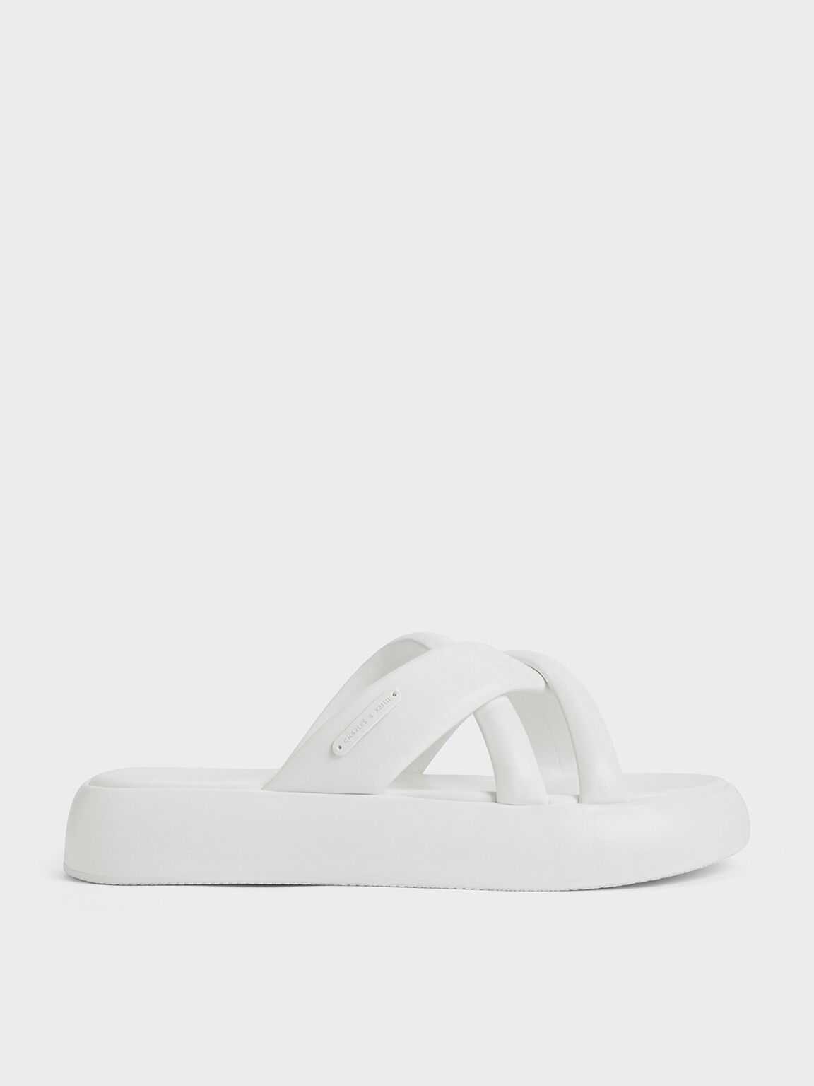 Puffy Crossover-Strap Slide Sandals, White, hi-res