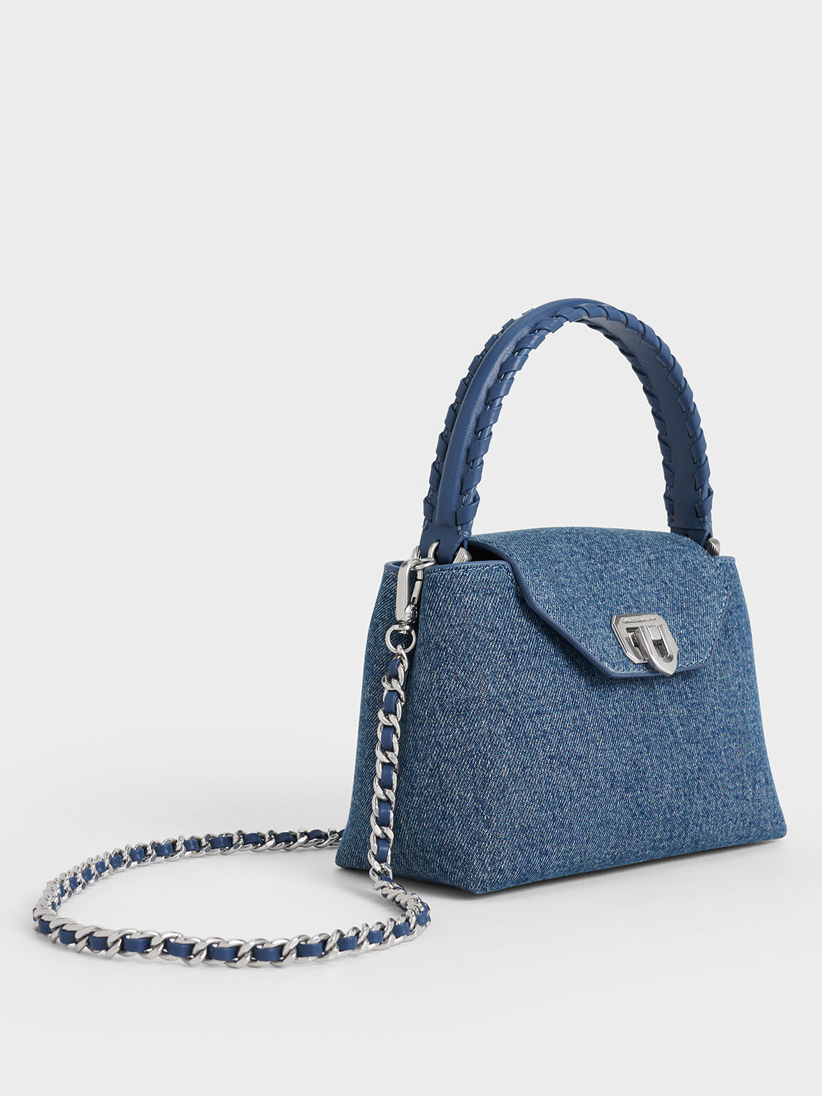 Bolso denim de asa superior Arwen con correa trenzada, Azul mezclilla, hi-res