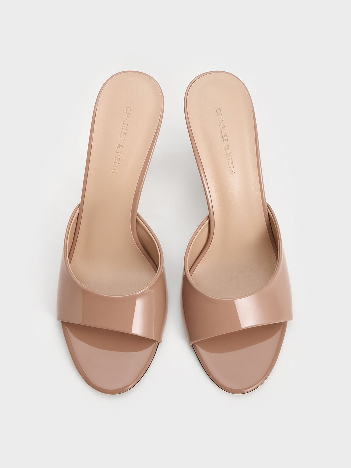 Nude Patent Open-Toe Heeled Mules - CHARLES & KEITH MT