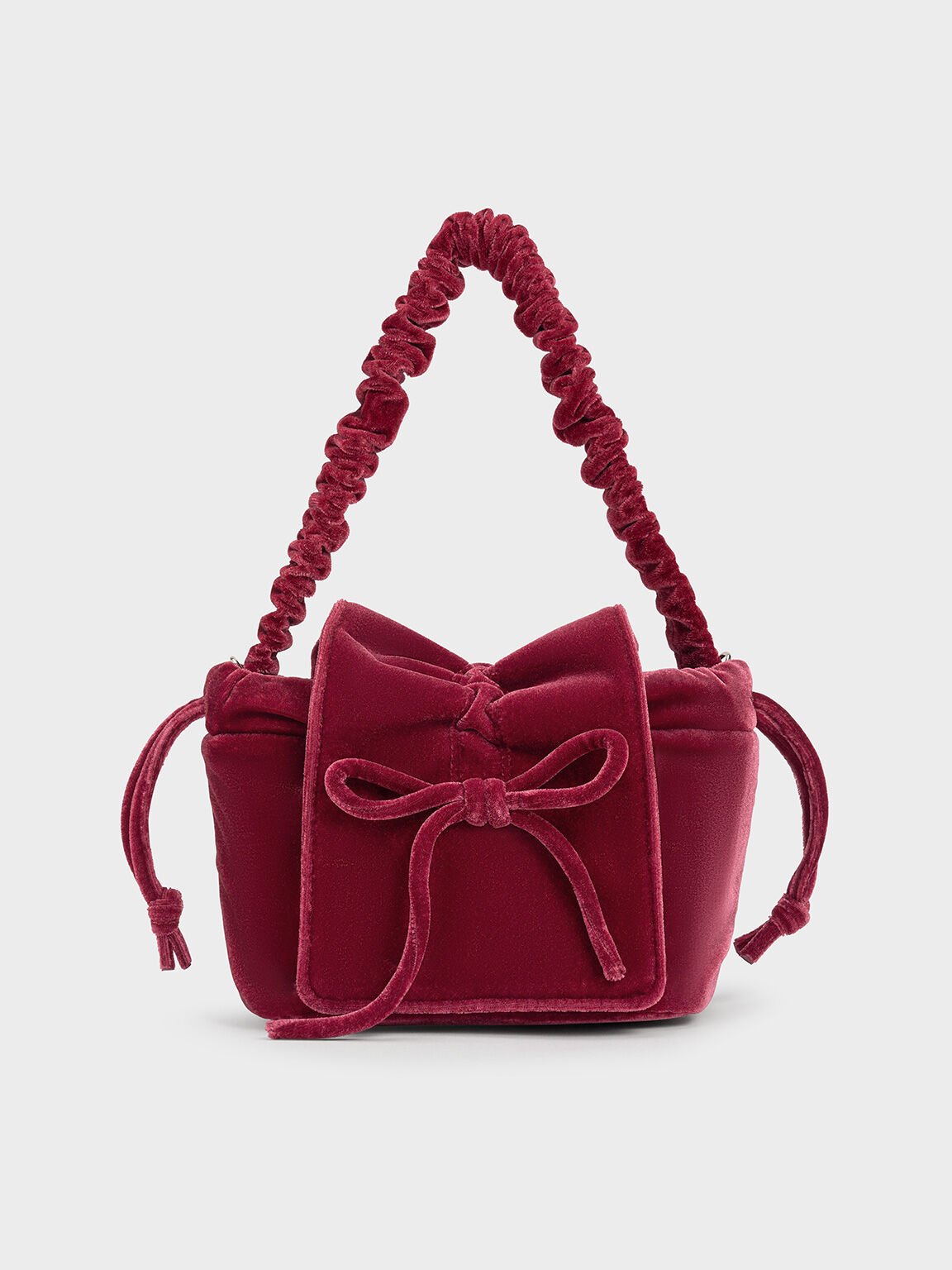 Bolso de terciopelo con asa superior arrugada y lazo, Rosa, hi-res