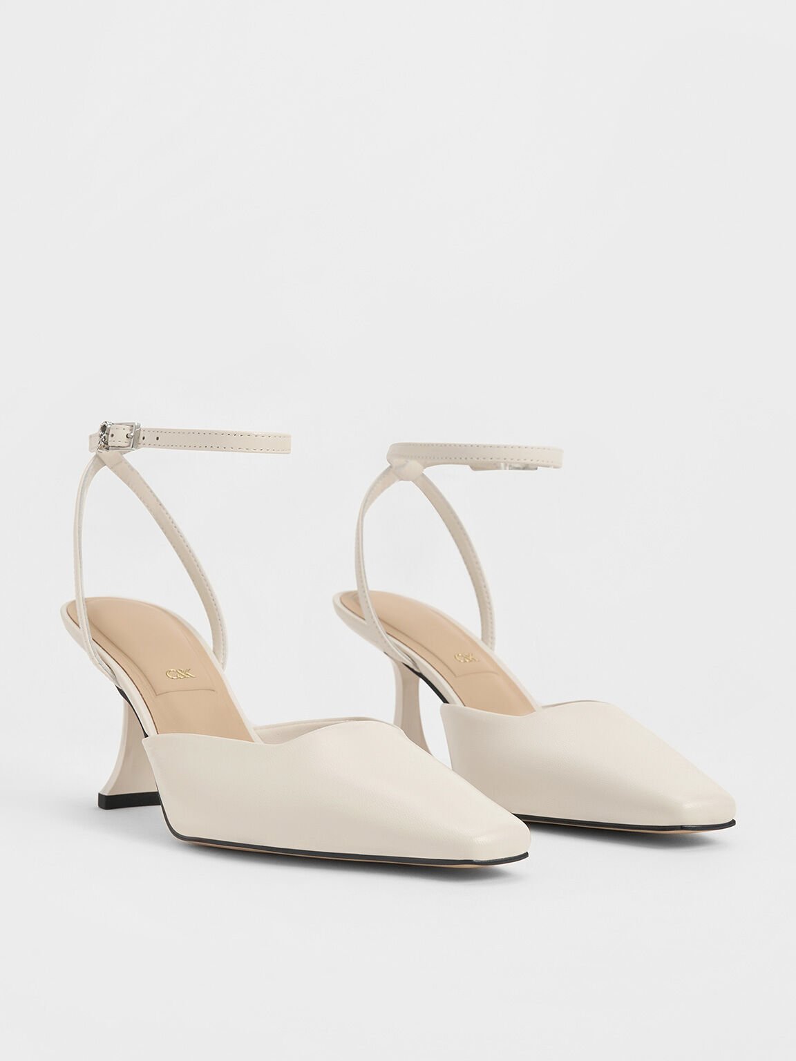 Leather Sculptural-Heel Ankle-Strap Pumps, White, hi-res