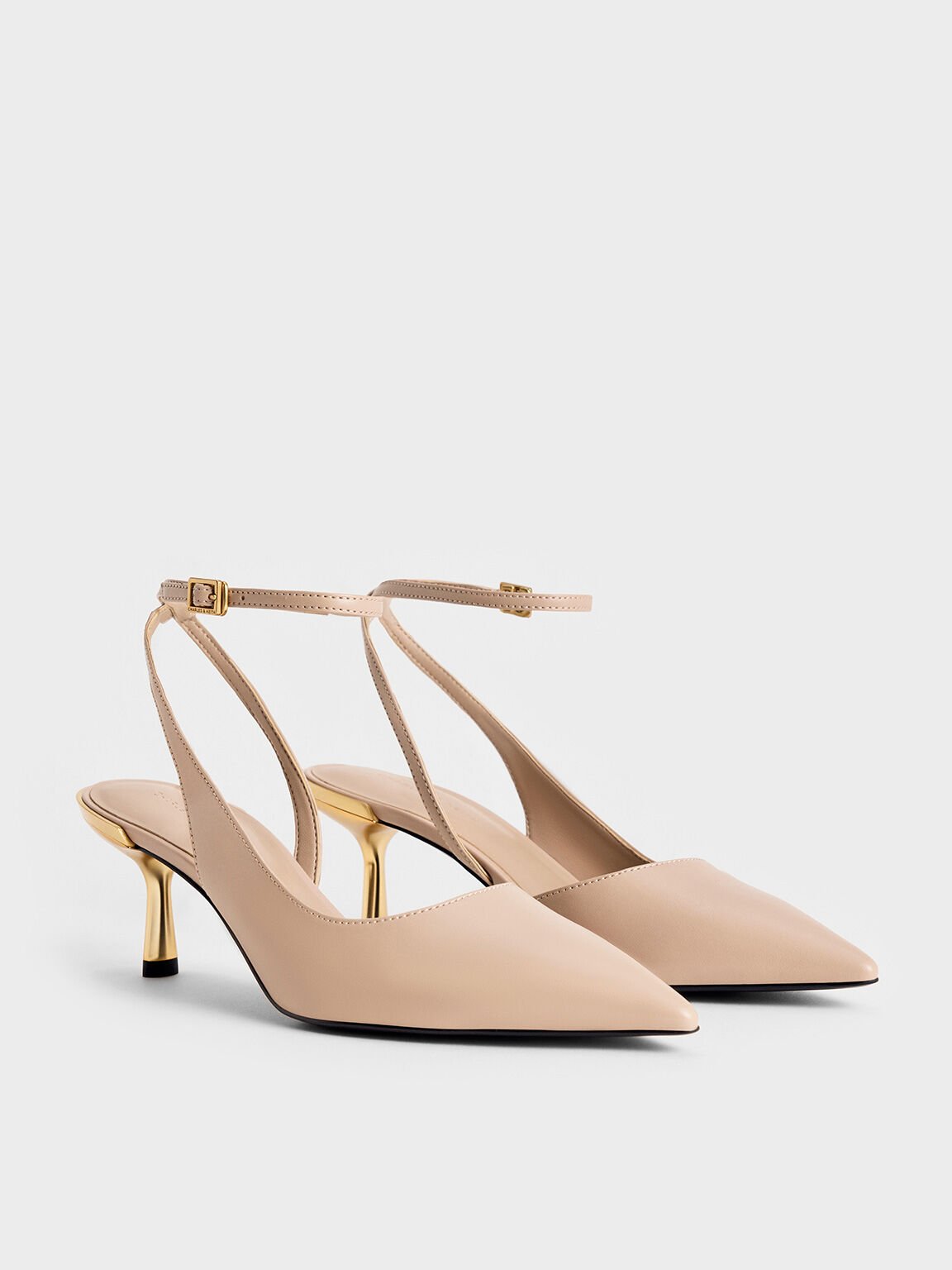 Metallic-Heel Ankle-Strap D'Orsay Pumps, Nude, hi-res