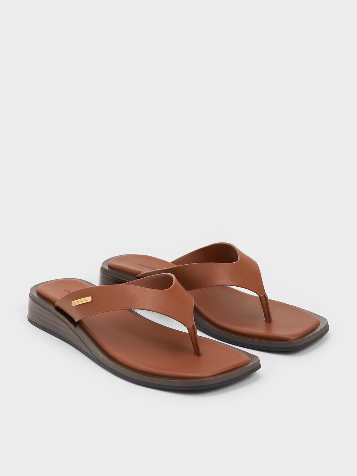 V-Strap Wedge Thong Sandals, Brown, hi-res