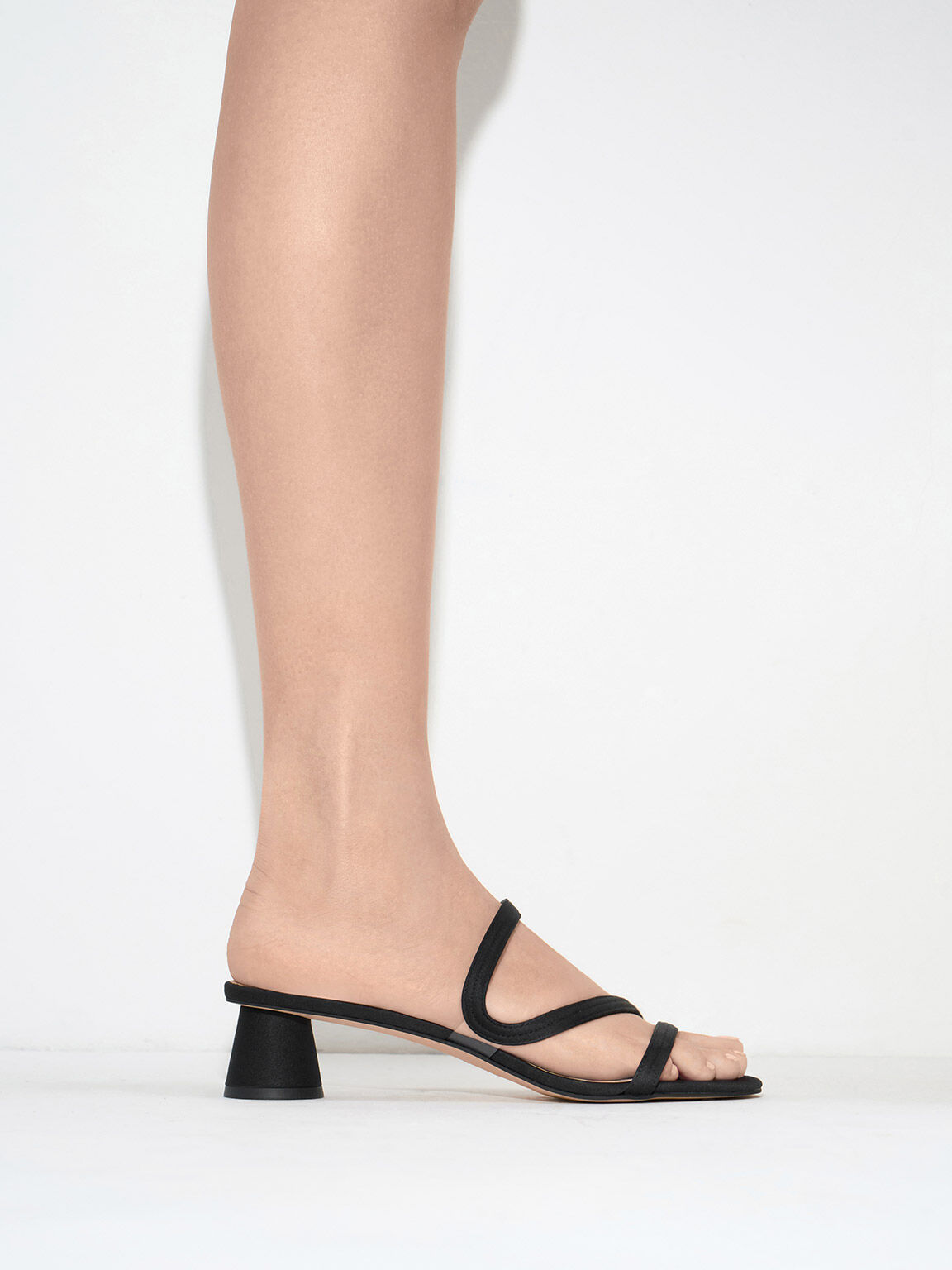 Arden Satin Wavy Strap Mules, Black, hi-res