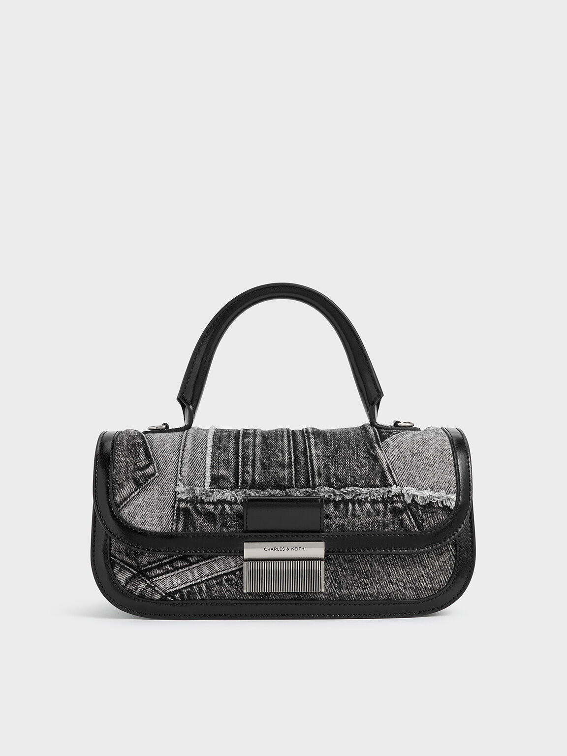 Bolso hobo Charlot alargado de retacería denim con asa superior, Noir, hi-res