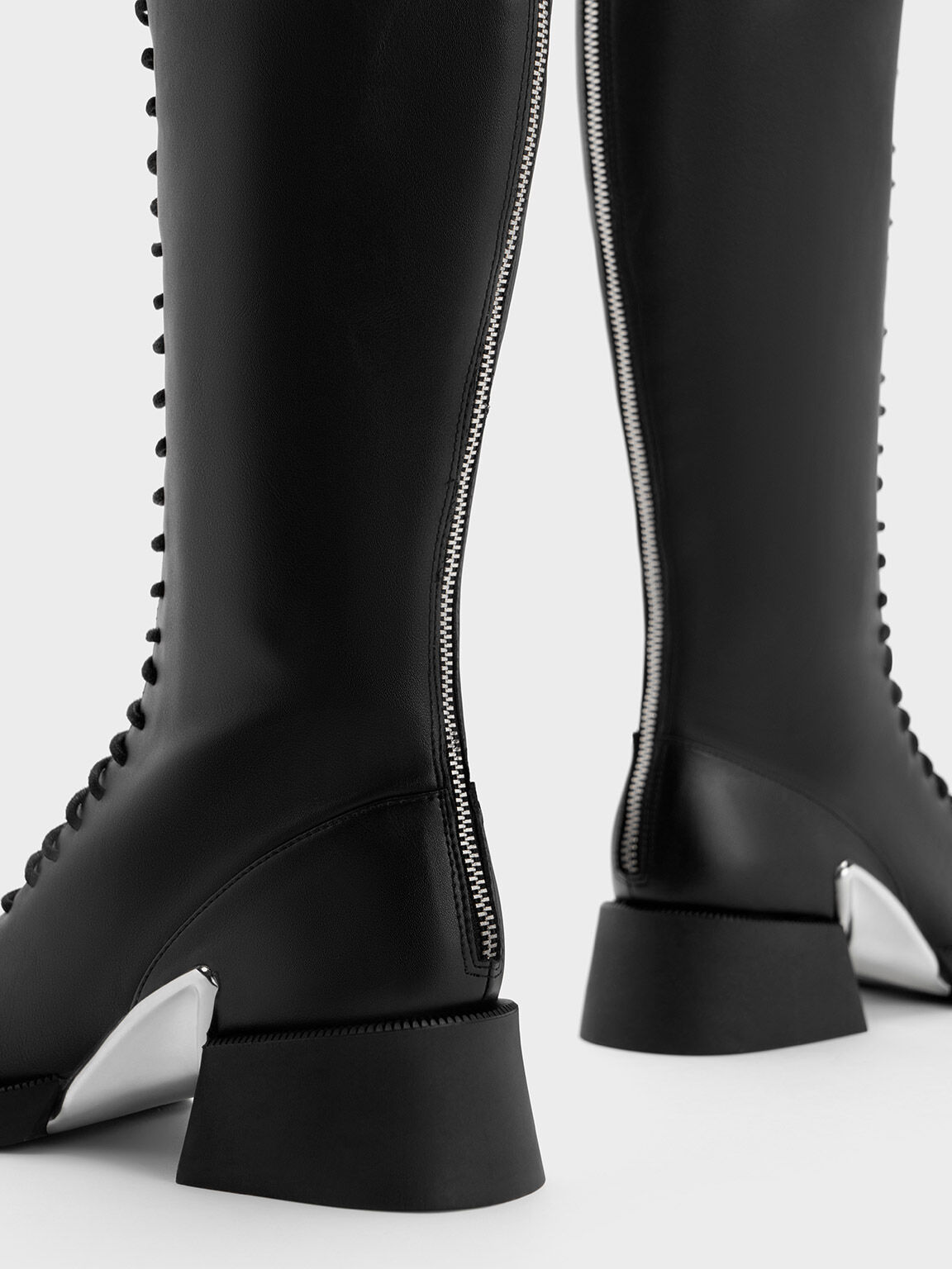 Black Devon Metallic-Accent Lace-Up Knee-High Boots - CHARLES