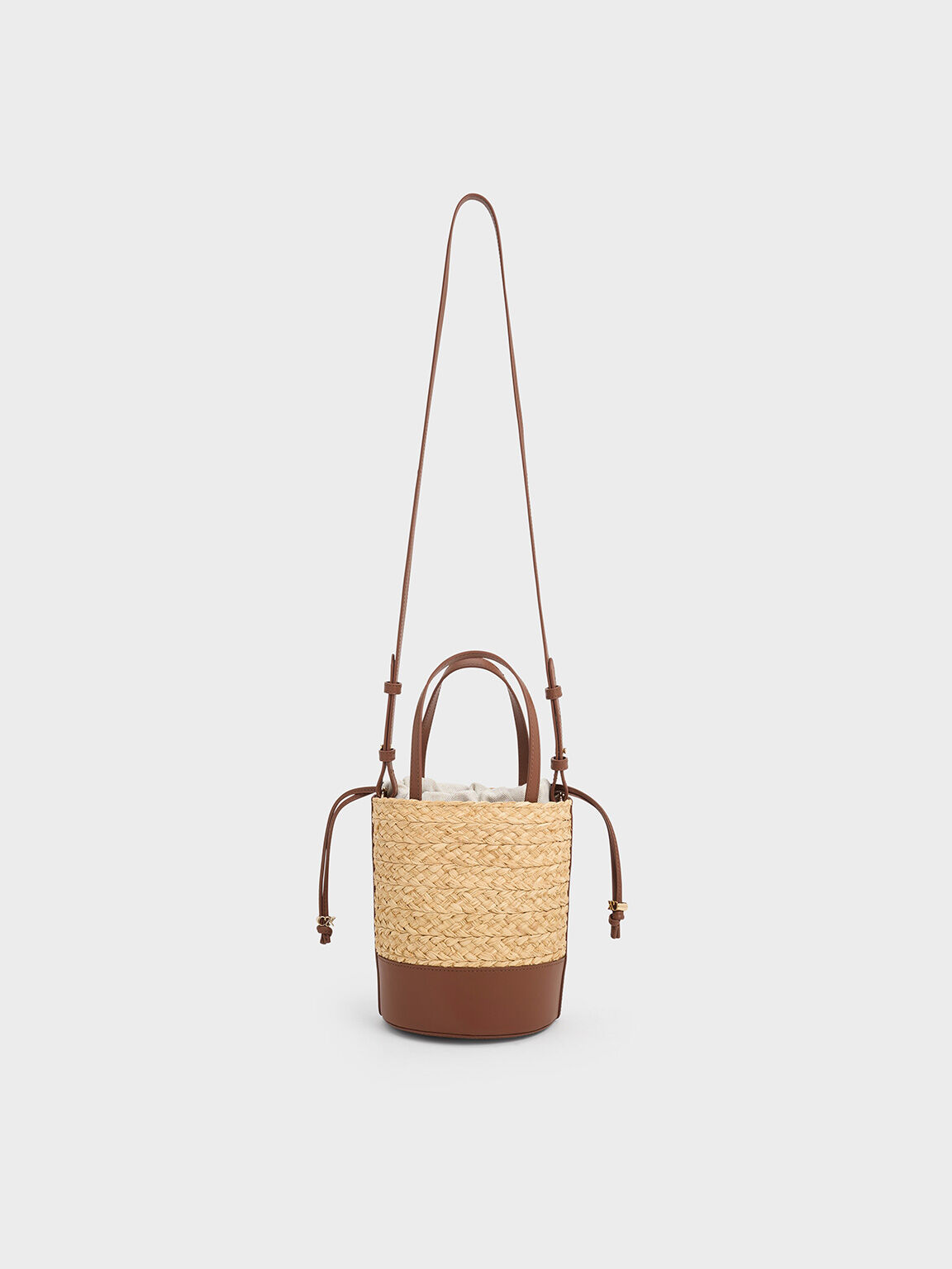 Sac seau en cuir et raphia, Marron, hi-res