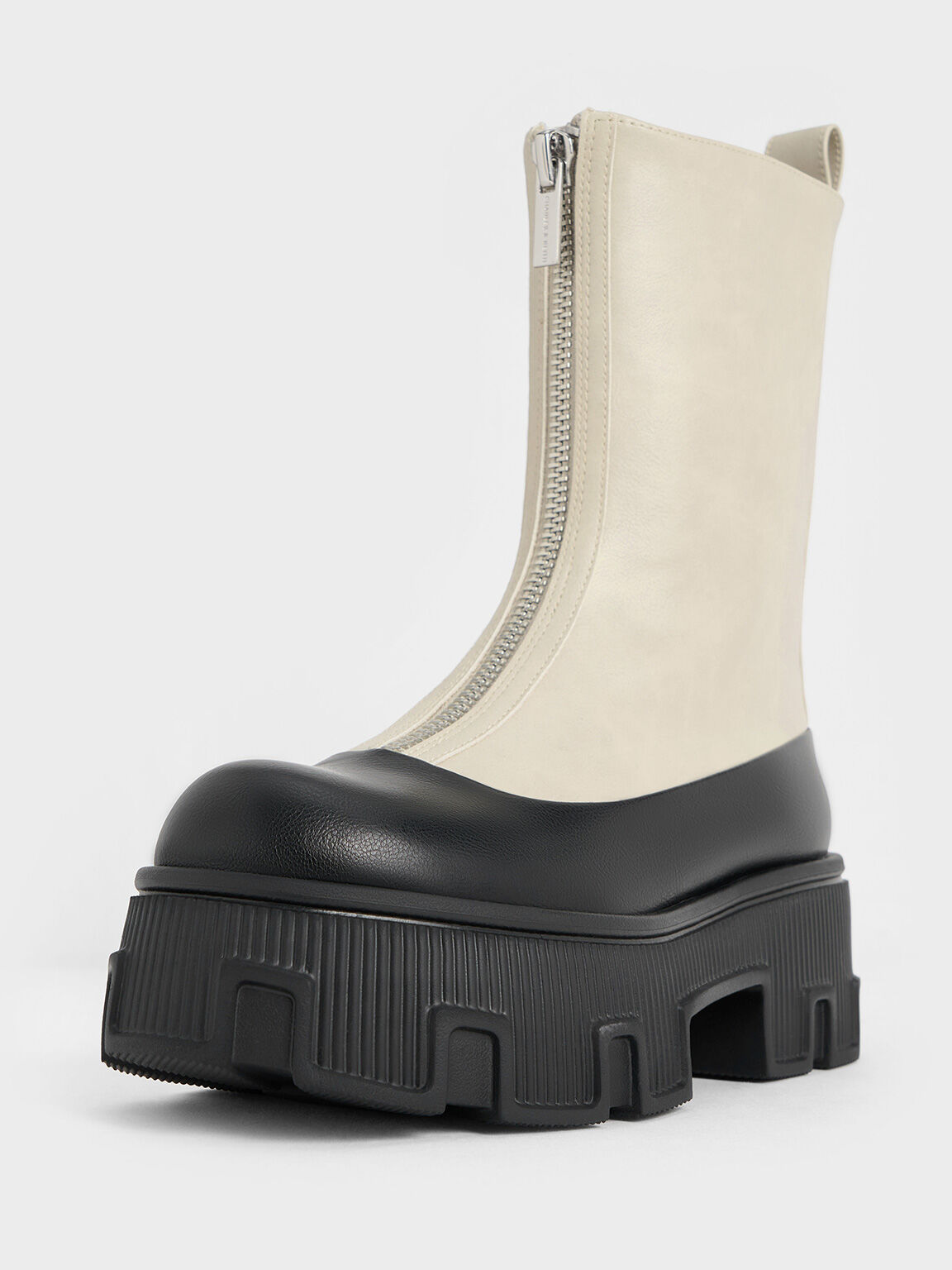 Two-Tone Zip-Up Platform Calf Boots, Chalk, hi-res