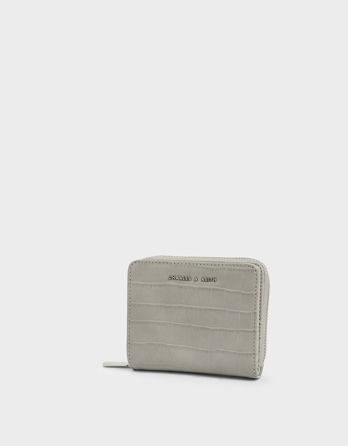 Croc-Effect Small Zip-Around Wallet, Light Grey, hi-res