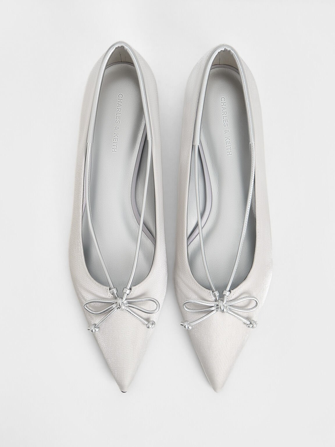 Metallic Bow Pointed-Toe Ballet Flats, Silver, hi-res