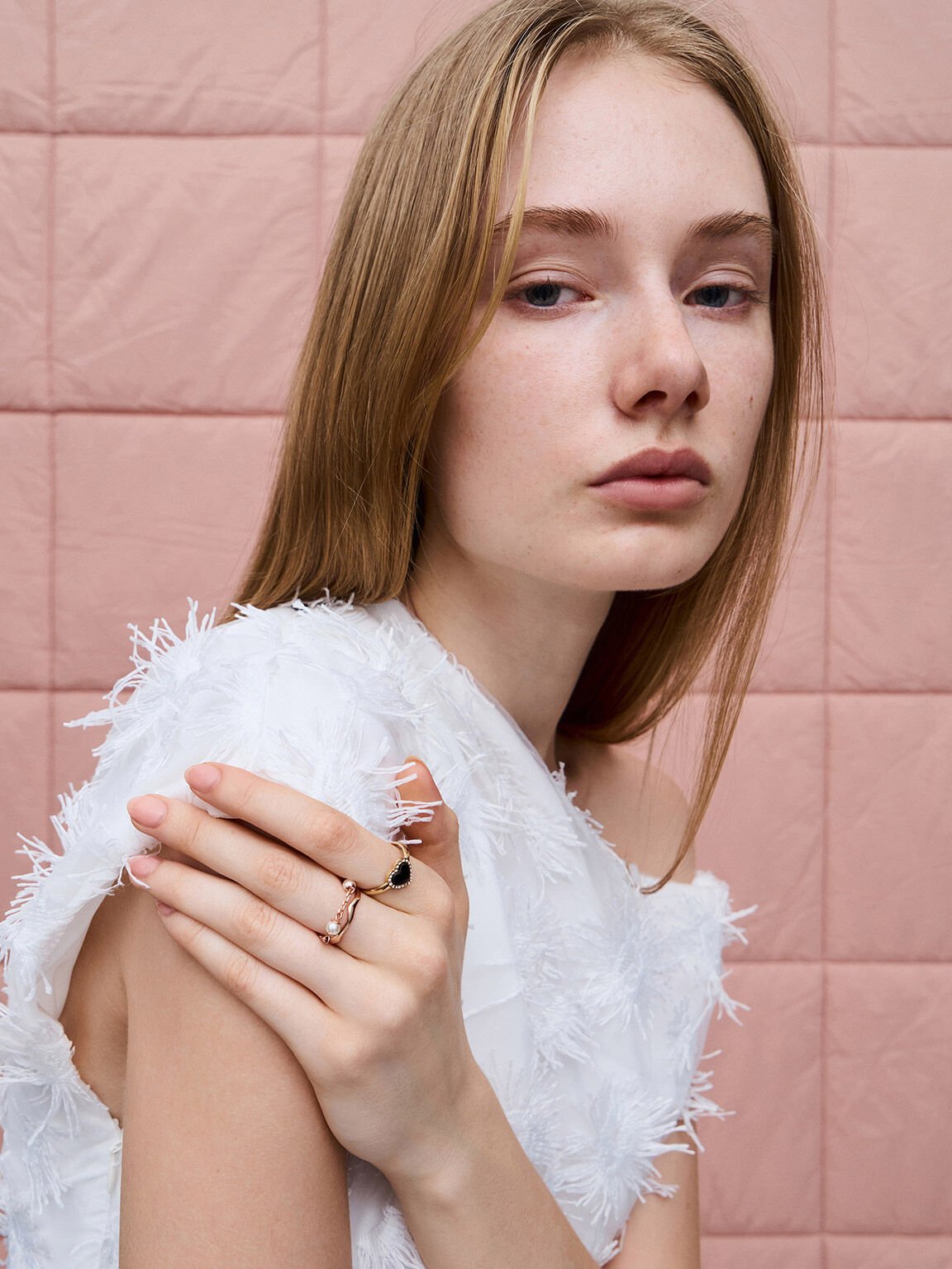 Bague double avec perles et chaîne Corrine, Or Rose, hi-res