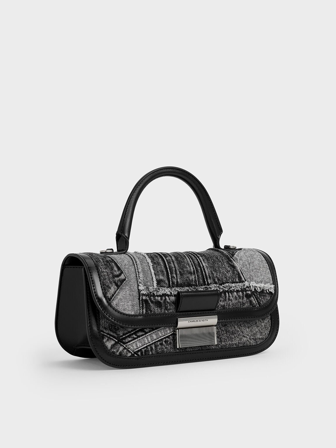 Bolso hobo Charlot alargado de retacería denim con asa superior, Noir, hi-res