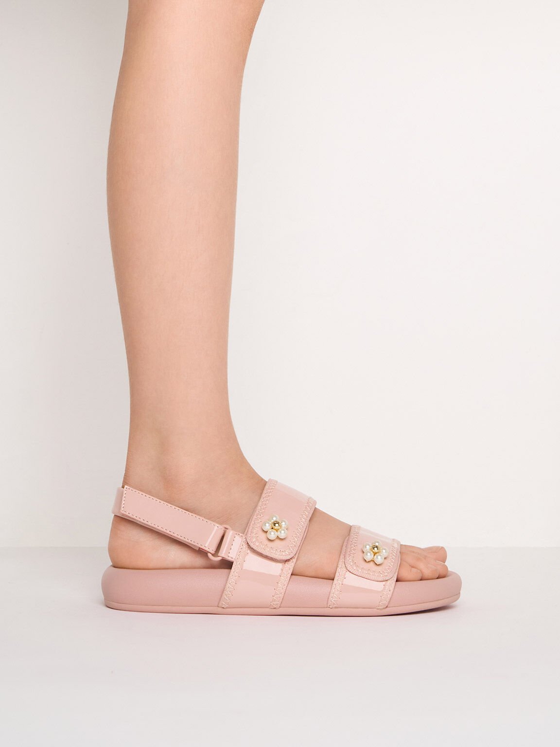 Sandalias de charol para niña con diseño floral de cuentas, Rosado, hi-res