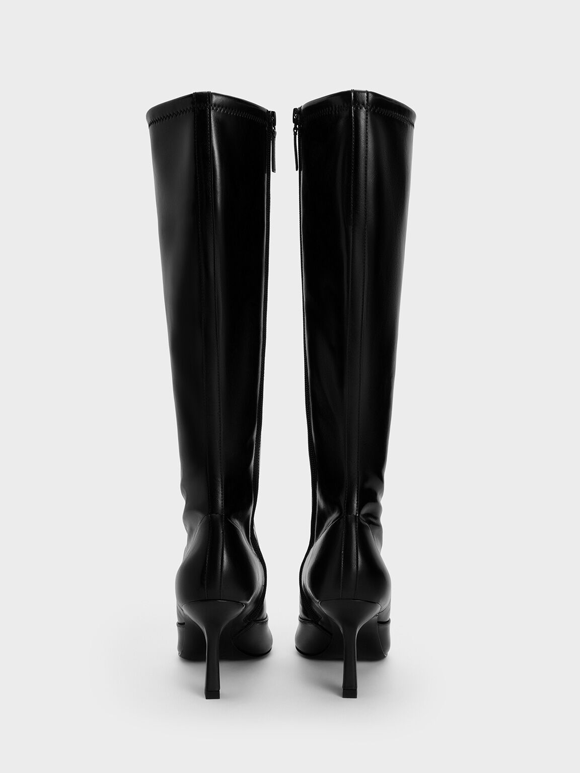 Lace-Up Pointed-Toe Knee-High Boots, Black, hi-res