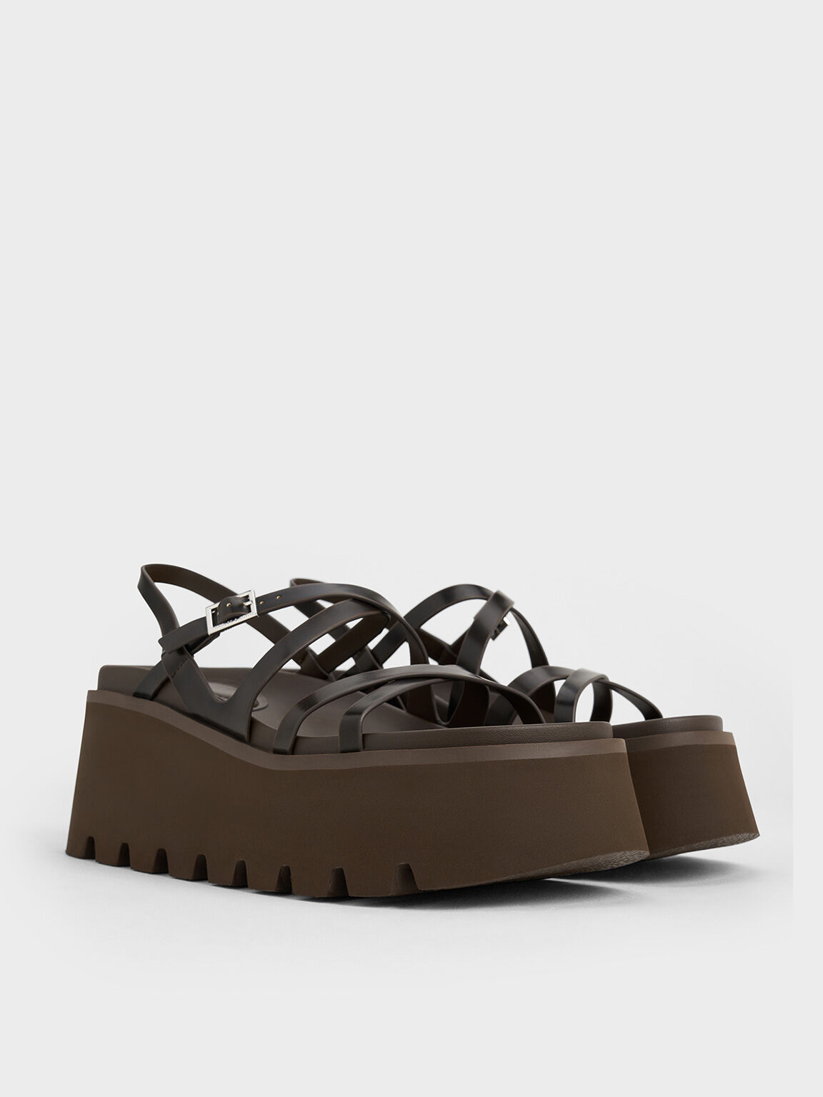 Strappy Crossover Flatform Sandals, Dark Brown, hi-res