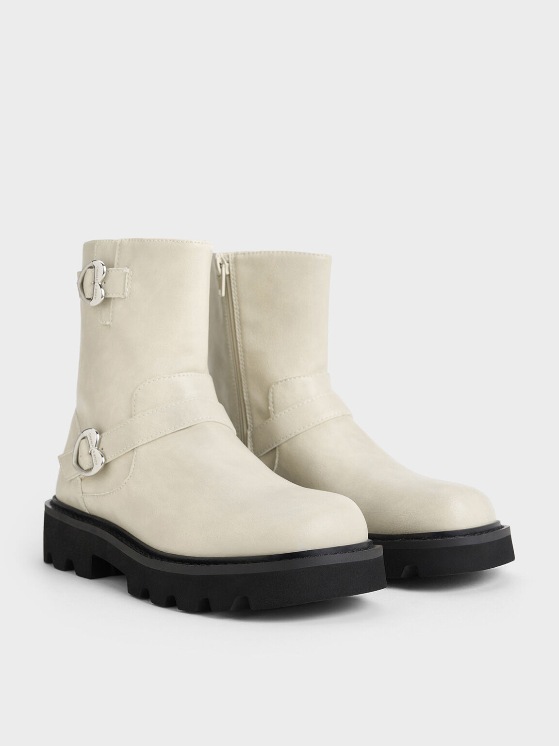 Girls' Heart-Buckle Ankle Boots, Chalk, hi-res