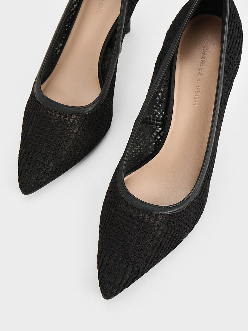 Black Textured Mesh Woven Pointed-Toe Pumps - CHARLES & KEITH CH