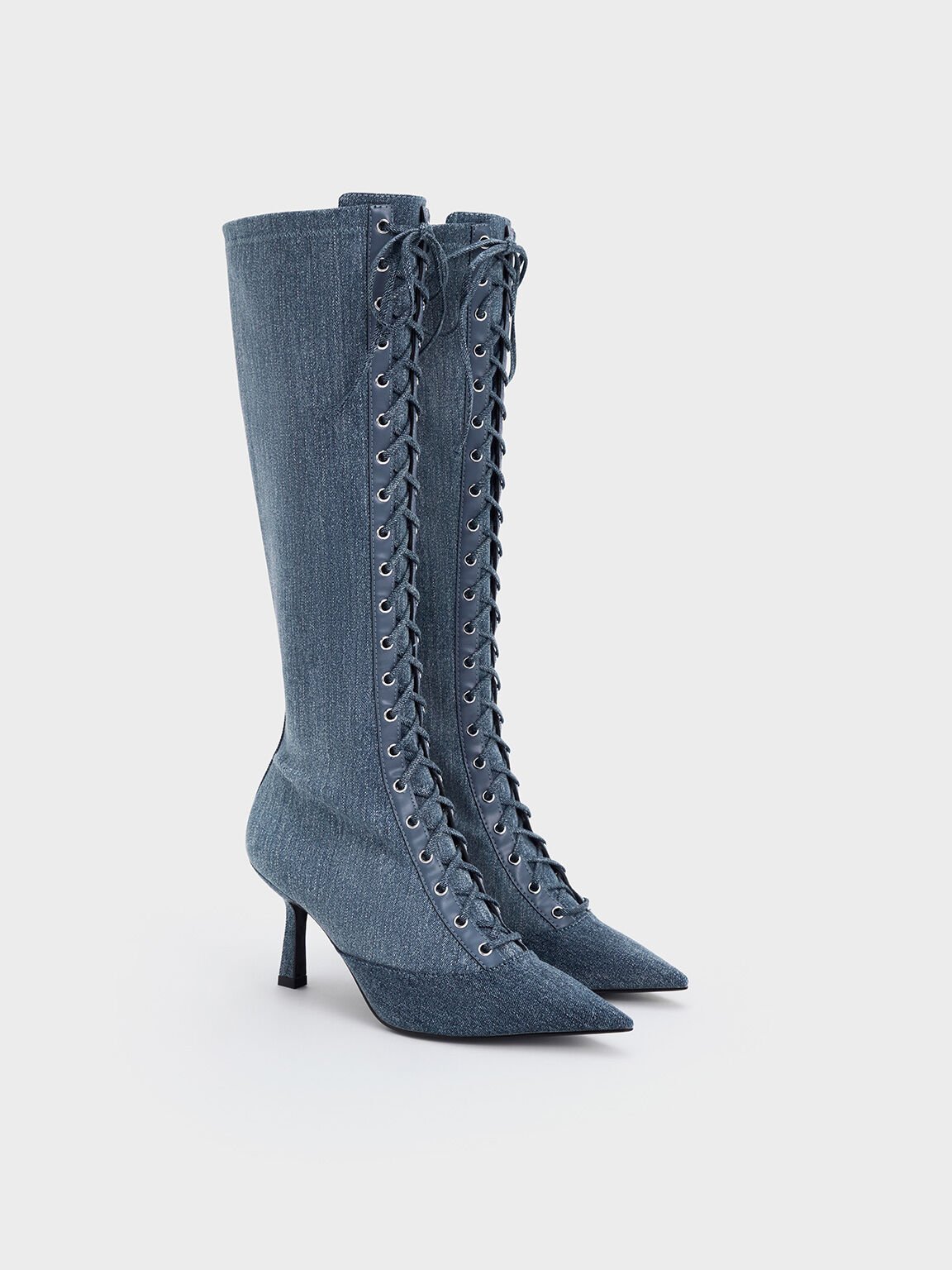 Bottes en denim à hauteur de genou à bout pointu et lacets, Bleu Denim, hi-res