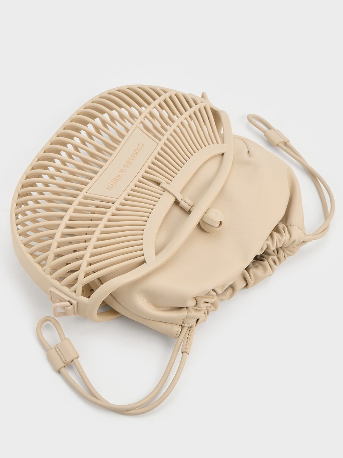 Minibolso Calypso en forma de abanico con asa curva, Beige, hi-res