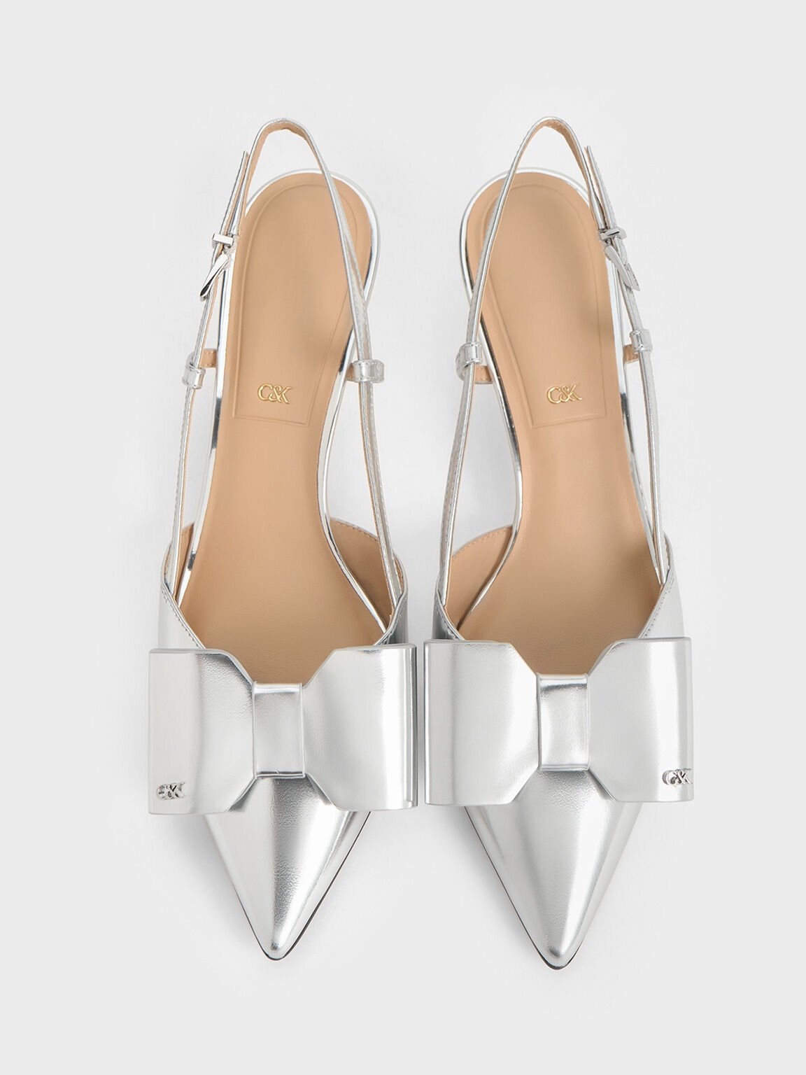 Lu Metallic Leather Bow Slingback Pumps, Silver, hi-res