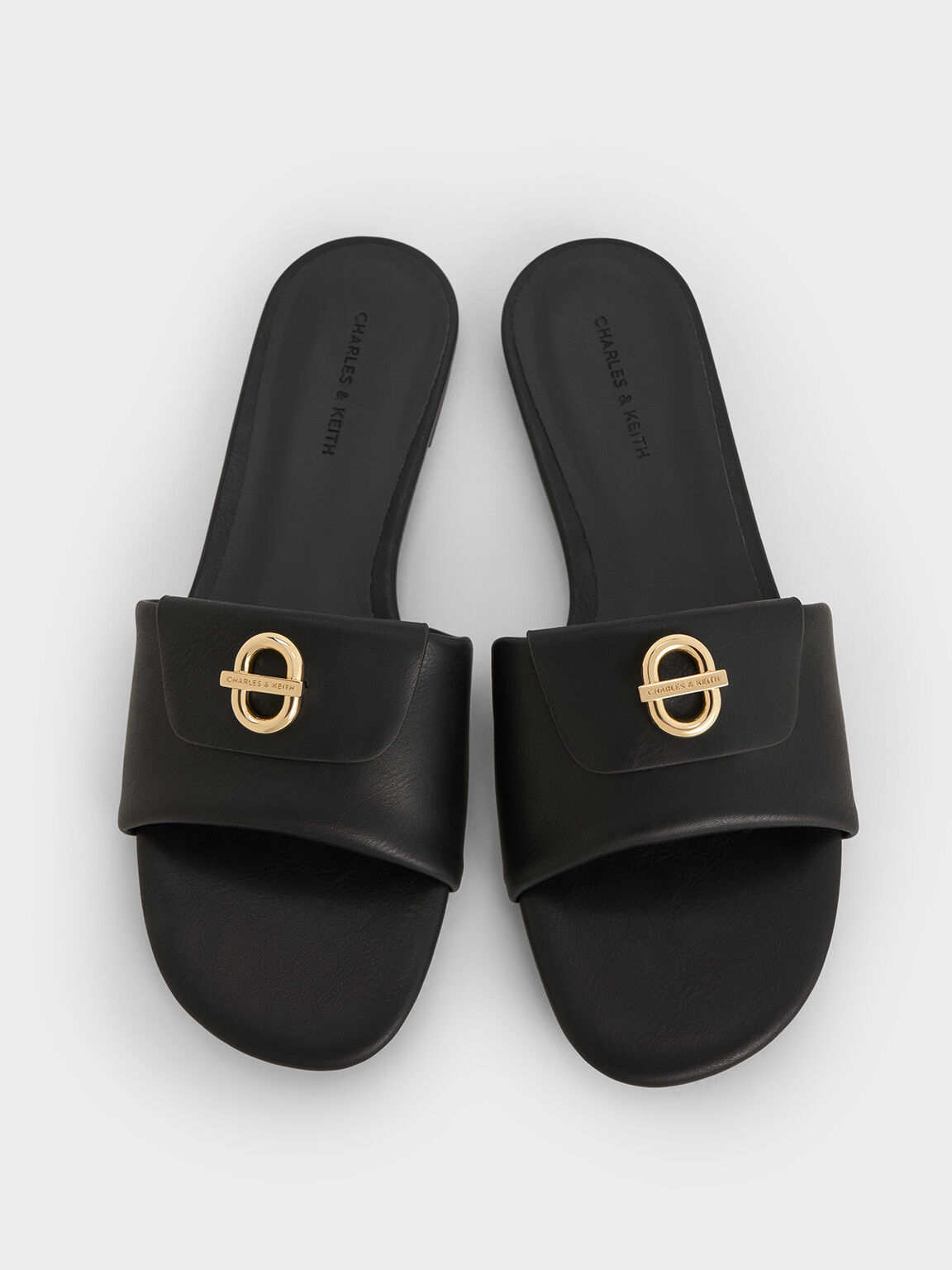 Metallic-Accent Slide Sandals, Black, hi-res