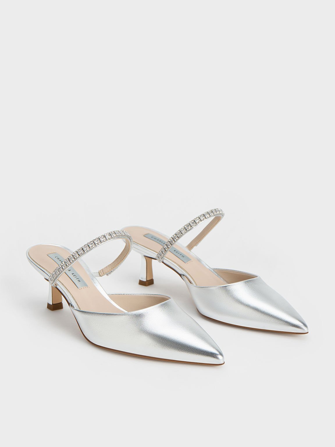 Ambrosia Metallic Gem-Embellished Pointed-Toe Mules, Silver, hi-res