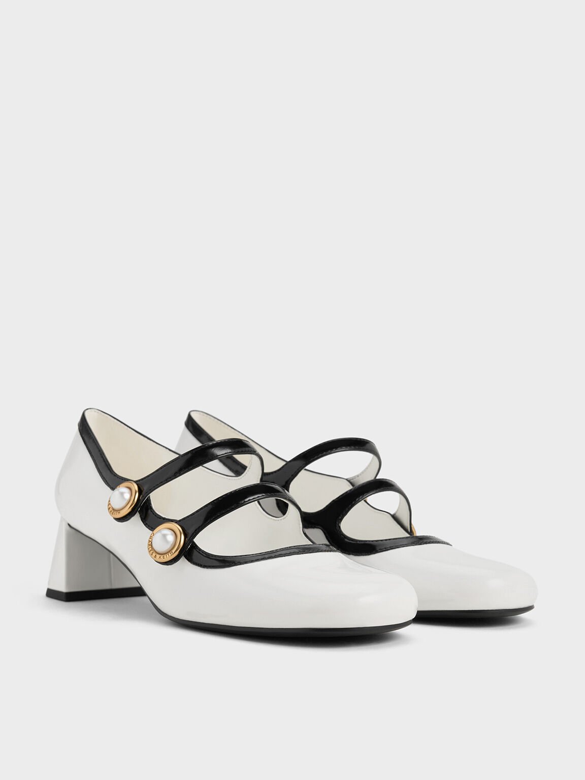 Pearl-Buckle Two-Tone Mary Jane Pumps, White, hi-res