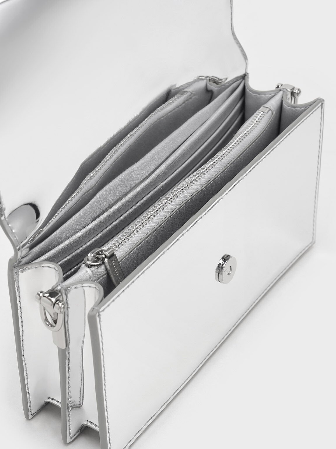 Metallic Sculptural-Handle Long Wallet, Silver, hi-res