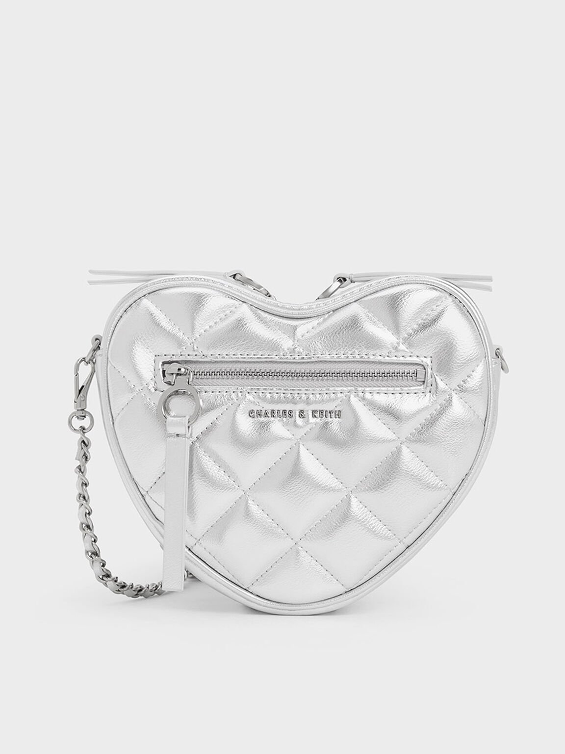 Bolso cruzado Philomena en forma de corazón efecto acolchado metálico, Plateado, hi-res