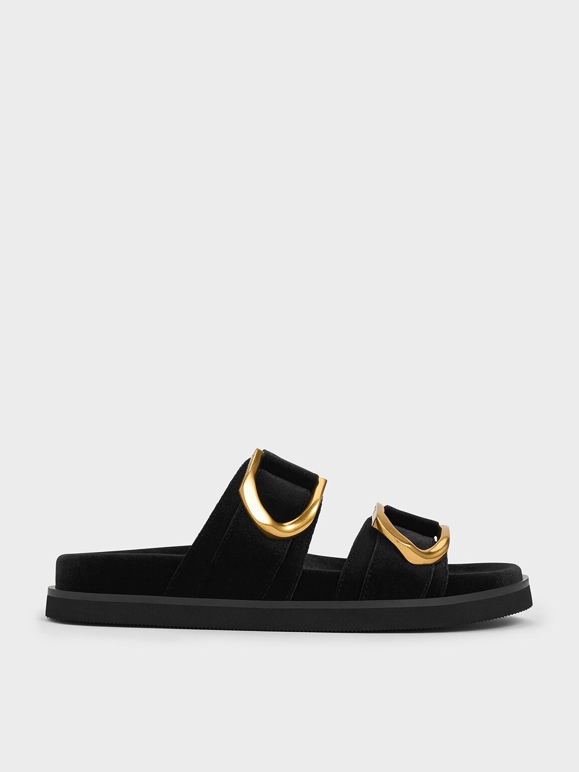 Gabine Velvet Buckle Sandals, Black Textured, hi-res