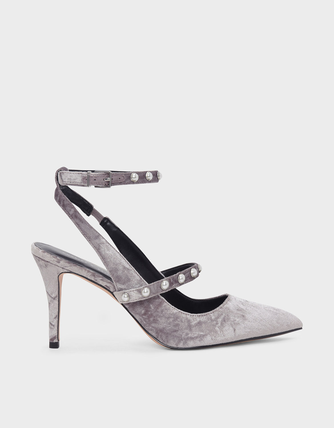 Grey Pearl Detail Ankle Strap Heels 