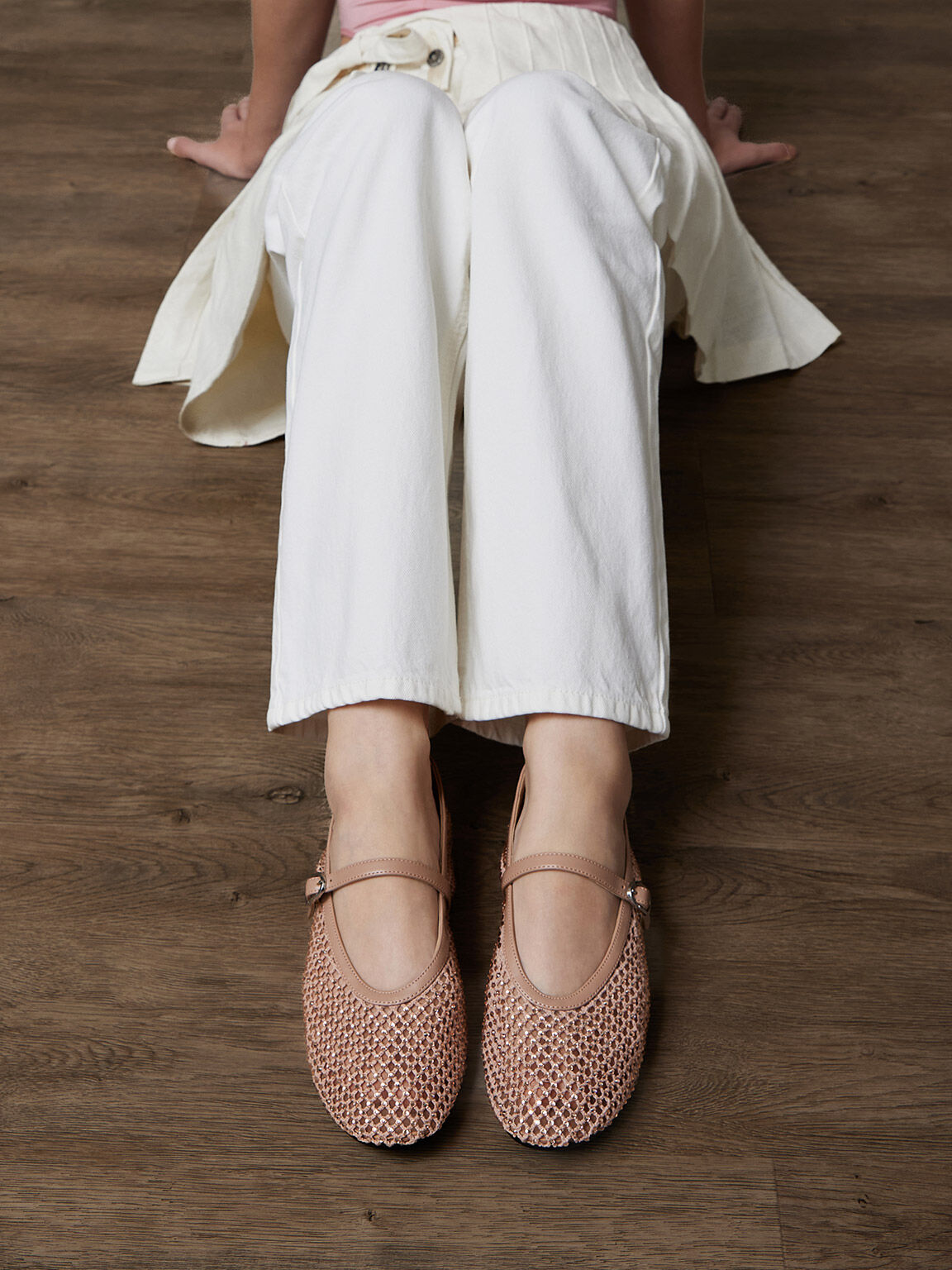 Mesh Crystal-Embellished Mary Janes, Nude, hi-res