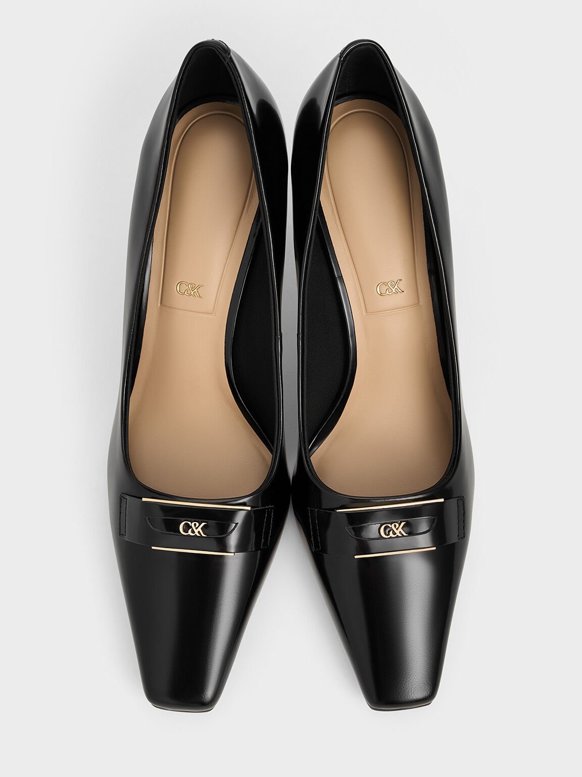 Leather Sculptural-Heel Square-Toe Pumps, Black Box, hi-res