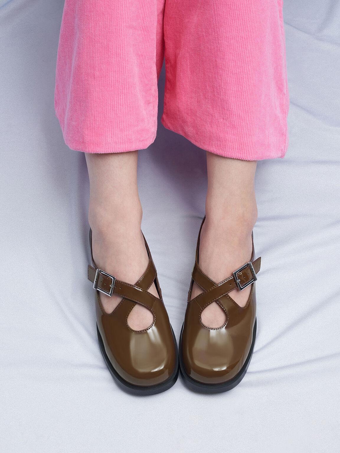 Buckled Crossover-Strap Slip-On Flats, Brown, hi-res