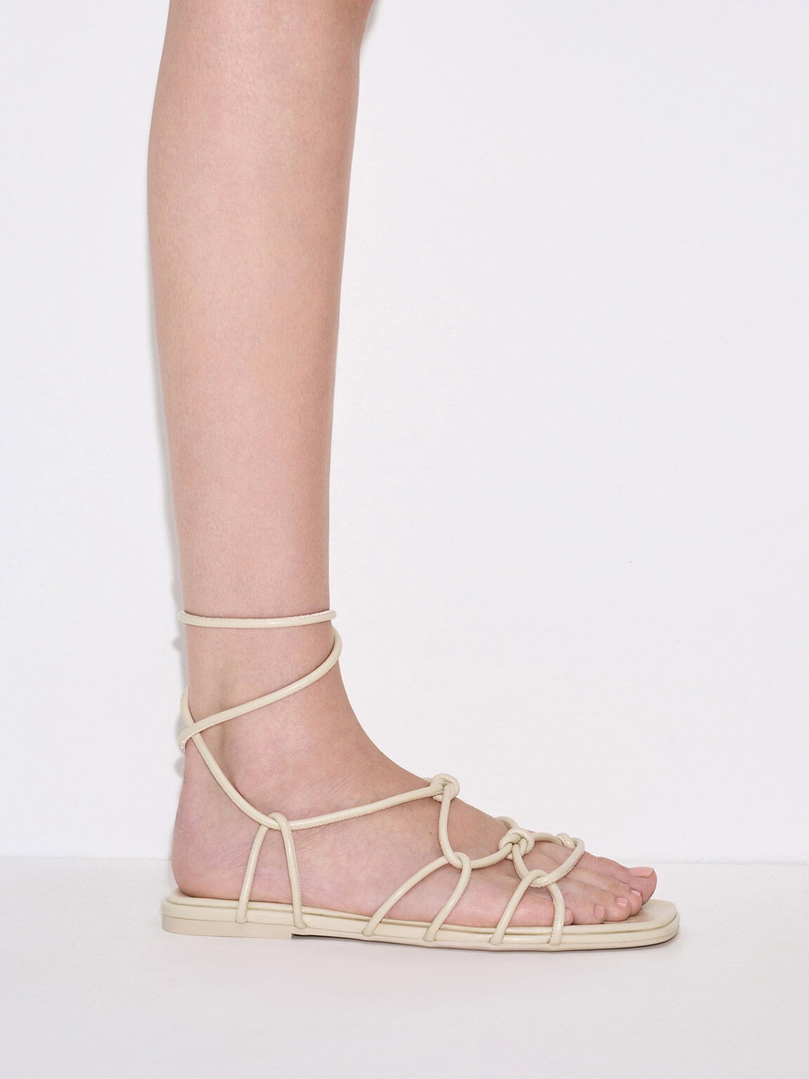 Strappy Knotted Tie-Around Sandals, Beige, hi-res