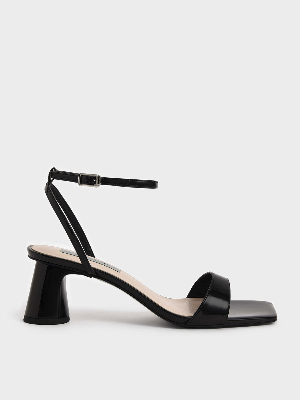 Black Patent Ankle-Strap Cylindrical Heel Sandals - CHARLES & KEITH GR