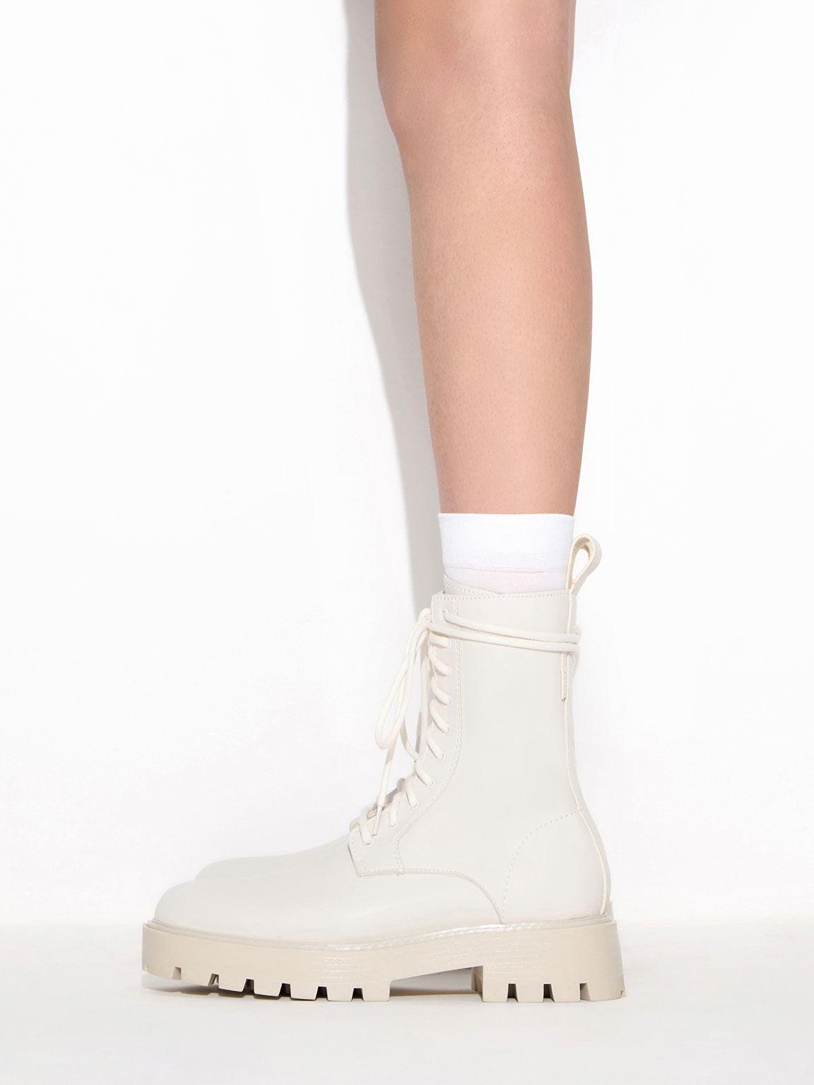 Chalk Chunky Sole Padded Combat Boots - CHARLES & KEITH US