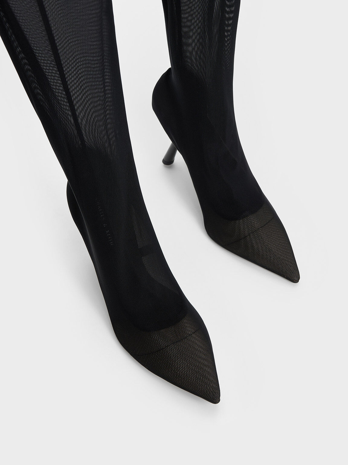 Mesh Slant-Heel Thigh-High Boots - Black Textured